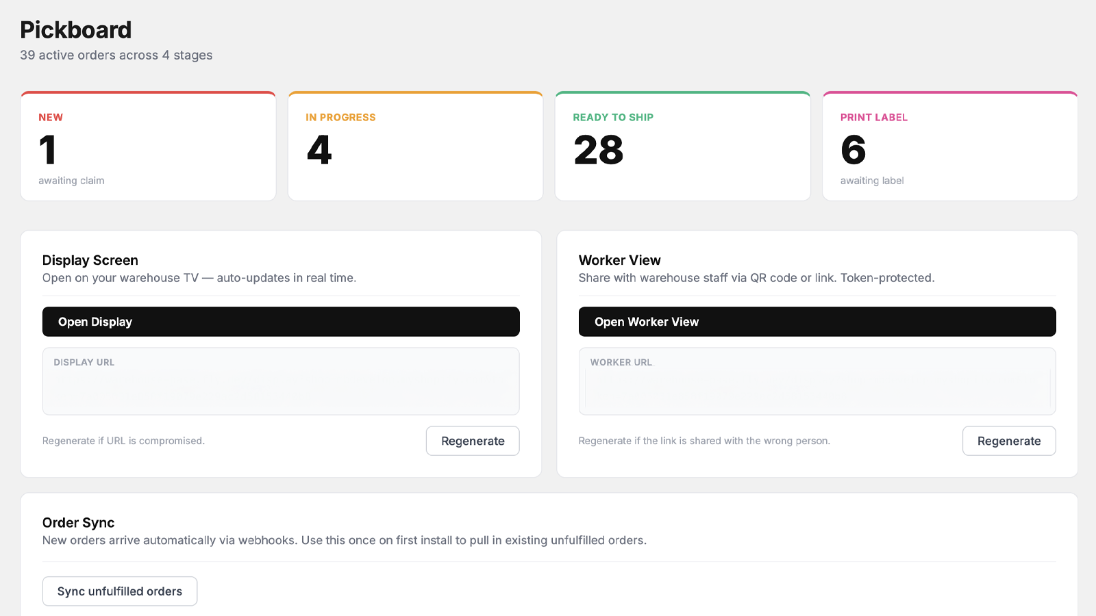 Pickboard admin dashboard with order stage summary