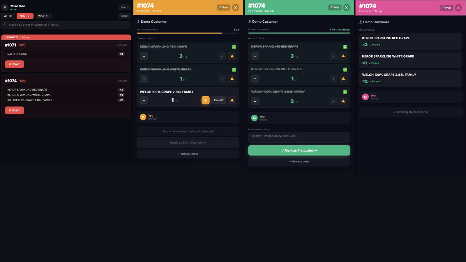 Pickboard worker view showing order picking detail